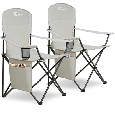 Image of SUNMER Set of 2 Folding Camping Chairs, Extra Wide Lightweight Outdoor Chairs with Armrests, Cup Holder and a Side Pocket, 120kg Capacity per Chair Grey