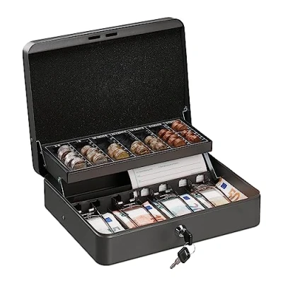 Image of Relaxdays Lockable Box, Coin Counting Tray &amp; 4 Note Compartments, Iron H x D 8.5 30.5 24.5 cm, Grey