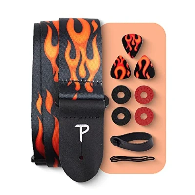 Image of Perri&#039;s Leathers Ltd. Guitar Strap Polyester Bundle Flame 3 Medium 0.71mm Picks, 1 Leather Acoustic Adaptor, 4 Locks &amp; Shoelace Made in Canada (LPCP 702 PKG)