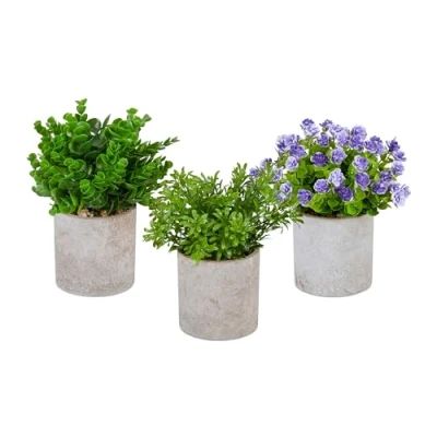 Image of Artificial Plants Set of 3, Various Fake Flowers in Pots, Lifelike, Plastic, 23 x 16 cm, Green/Purple/Grey Relaxdays