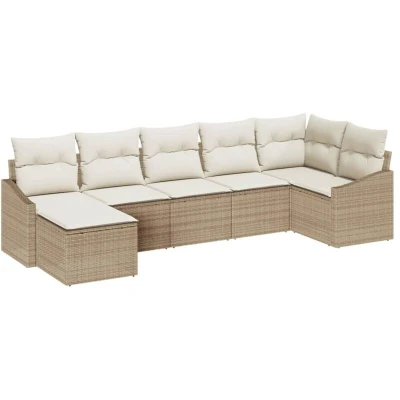 Image of vidaXL 7 Piece Garden Dining Set with Cushions Beige Poly Rattan