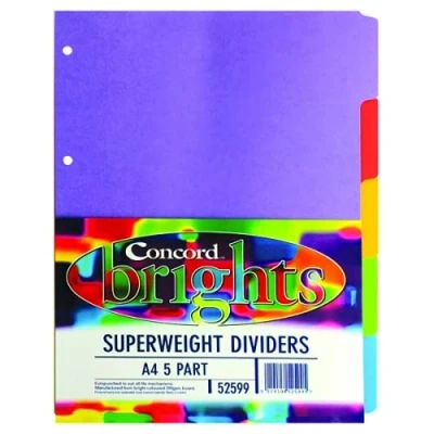 Image of Concord Divider 5 Part A4 Heavyweight 270gsm Bright Assorted 52599/525 (Pack of 4)