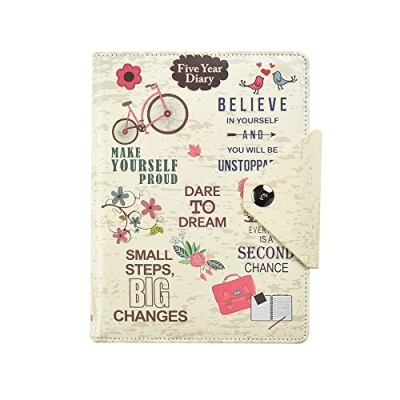Image of Five 5 Year Diary Organizer Undated Daily Planner Journal Book Stud Button Closure A5 Writing Paper Faux Leather Inspirational Slogan Art Cover, by Arpan (Cream)