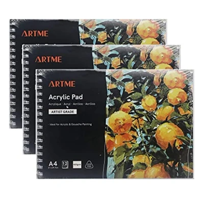 Image of ARTME A4 Acrylic Pad (3pack) Landscape x 12 Sheets/ 400gsm Extra Heavyweight/Cold Pressed/Acid Free, Premium Quality Paper Drawing for and Gouache