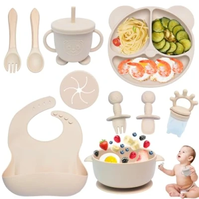 Image of Dazhtu 10 pcs Baby Weaning Set Silicone Feeding with Suction Bowl, Adjustable Bib,Cup,Fork &amp; Spoo,Baby Plate,Silicone Plate Baby, Food Kit, Ideal for Gifts,Beige