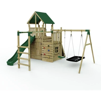 Image of Rebo® Children&#039;s Modular Wooden Climbing Frame Adventure Playset M10 Double Swing OutdoorToys Sturdy Construction, Pressure Treated Timber