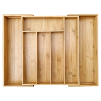 Image of MASS DYNAMIC Bamboo Cutlery Tray, Expandable Drawer Organiser, Space Saving 5 7 Storage Compartments Holds Silverware, Kitchen Utensils, Office Supplies, Bathroom Accessories (Size: 5x48.5x37cm)