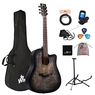 Image of Winzz 41 Inches Acoustic Guitar Full Size Vintage Engraving, Beginners Folk 4/4 with Padded Bag, Stand, Tuner, Pickup, Strap, Picks, Cleaning Cloth