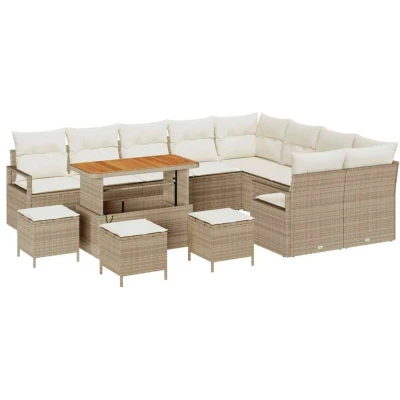 Image of vidaXL 13 Piece Garden Sofa Set with Cushions Beige Poly Rattan Acacia