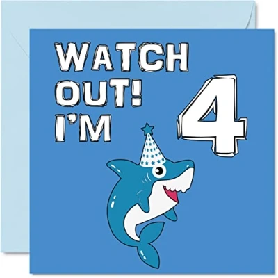 Image of 4th Birthday Card Boy Shark Watch Out Happy 4 Year Old Boy, Boys Cards for Him, 145mm x Greeting Son Brother Grandson Nephew Cousin God Fourth