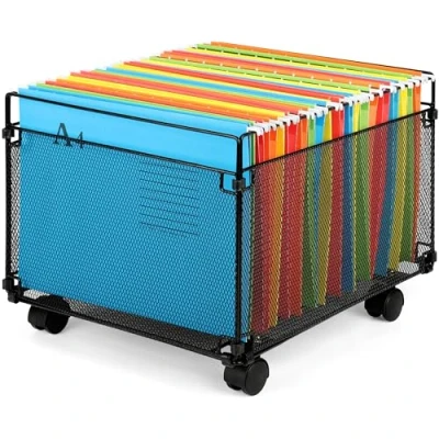 Image of Belle Vous Black Metal Mesh A4 Suspension File Frame with Wheels Desktop Hanging Folder Organiser Storage Rack for Office/Home Holds 80 Files