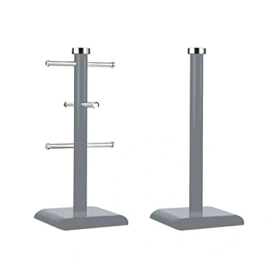 Image of Royal Cuisine 6 Cup Mug Tree Stand and Linear Kitchen roll/Paper Towels Holder Stainless Steel Coffee Tea Cups Mugs draining Rack Storage Accessories (Grey)