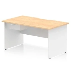 Image of Impulse 1400 x 800mm Scalloped Edge Straight Office Desk Maple Top White Panel End Leg Workstation 1 Drawer Fixed Pedestal