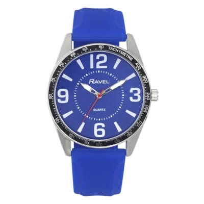 Image of Ravel Men&#039;s Big Digit Silver Tone Watch with Black Top Ring on Silicone Sports Strap Analogue Quartz RS001.06 Blue