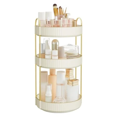 Image of SONGMICS Makeup Organiser Rotating, 3 Tier Round Skincare Organiser, Customisable, Toiletries Cosmetics Gift, Cloud White JKA011W01