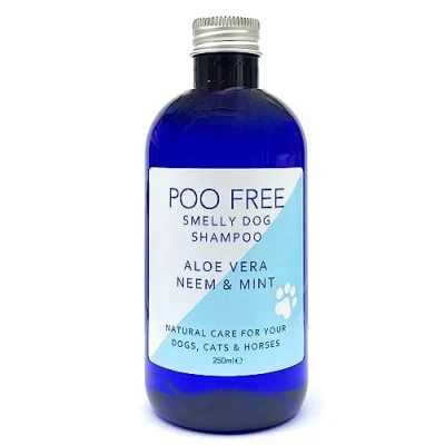 Image of POO FREE Shampoo for Smelly Dogs 99% Natural Aloe Vera, Neem, Mint. Sulfate/Parabens Free. Cleans, Soothes, Relieves Itchy Skin. pH Balanced, Concentrated. 250ml