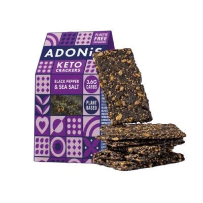 Image of Adonis Black Pepper &amp; Sea Salt Keto Crackers (10 x 60g) Vegan Friendly 100% Natural Snacks Sugar Free, Palm Oil Free Low Carb for Weight Loss Ideal a Diet