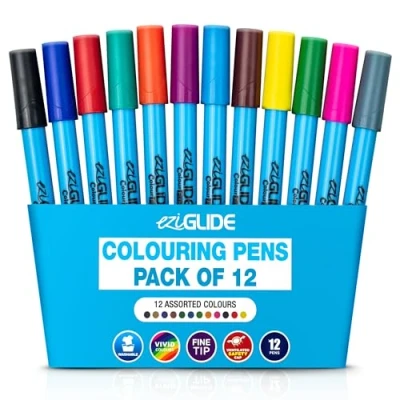 Image of Eziglide felt Tip Colouring Pens, Assorted Colours Pack of 12 Fine Fibre nib tips in Bright colour pens for paper &amp; card, Ideal School, Work Home