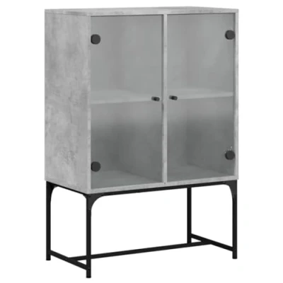 Image of vidaXL Side Cabinet with Glass Doors Engineered Wood Modern Cupboard for Storage and Display in Concrete Grey, 69x37x100 cm Home or Office