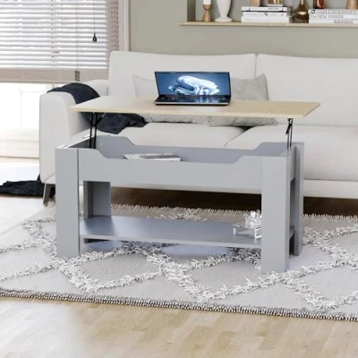 Image of Vida Designs Lift Up Coffee Table With Large Hidden Storage Compartment and Shelf, H 48 60 x L100 W48 cm (Oak &amp; Grey)