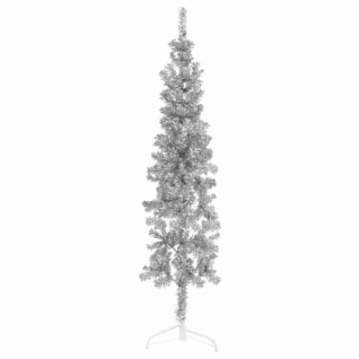 Image of &#039;vidaXL Slim Artificial Half Christmas Tree with Silver Colour, PVC Material, Space Saving Wall Placement Design, Includes Stand 150 cm Height