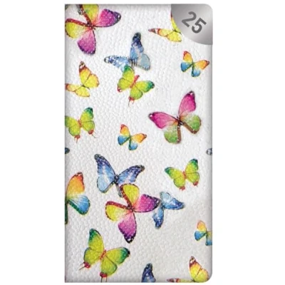 Image of 2025 Slim Wallet Diary Week to View White Textured Cover Butterfly Design Silver Colour &quot;25&quot; Accent