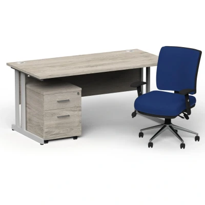 Image of Impulse 1800 Silver Cant Desk Grey Oak + 2 Dr Mobile Ped &amp; Chiro Blue