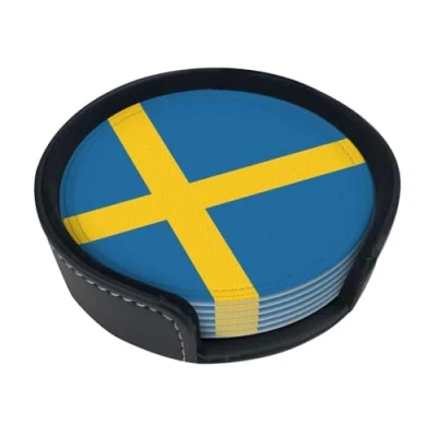 Image of Swedish flag Round leather coasters, set of 6 drink coasters with holder, cute, decorative, for drinks and beer