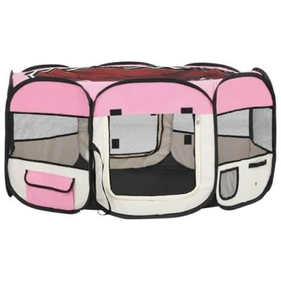 Image of &#039;vidaXL Foldable Dog Playpen with Carrying Bag Spacious, Portable, Lightweight Ideal for Indoor and Outdoor Use Pink Cream Polyester Steel Frame&quot;