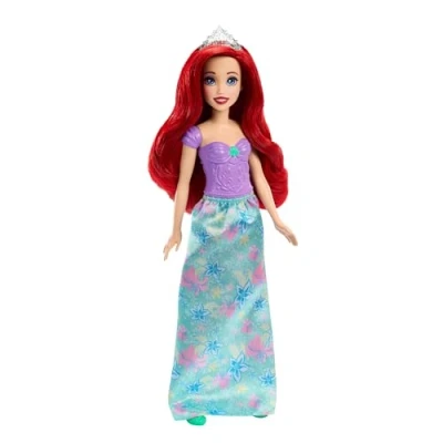Image of Disney Mattel Princess Arielle HLX30 Doll with Typical Outfit, Removable Shoes and Tiara Skirt, Floral Pattern, Long Hair for Styling