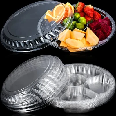 Image of WHQXFDZ 12 Pack Round Plastic Veggie Tray with Lid, 6 Divided Compartment Container, Food Serving Dip Platter, Reusable Catering Trays for Fruit Snack Party and Buffet (Clear, 12inch)