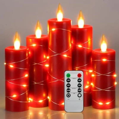 Image of Flameless Candles 5 Pack Fairy String Lights LED Candles,360 Degree Viewing Angle, with Starry Lights, 10 Key Remote Control, 24 Hour Timer Function, Dancing Flame, Real Wax(Red).