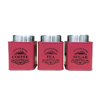 Image of Nobel Set of 3 Tea Coffee Sugar Canisters Vintage Home (Red)