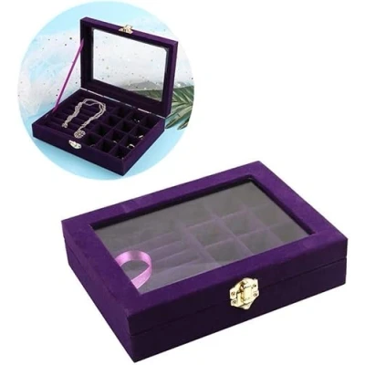 Image of YangHaoDiSY Jewellery Box Organiser 9 Grids Jewelry Storage Case, Velvet Lockable Organiser, for Rings Earrings Necklace (Purple)