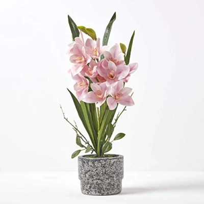 Image of HOMESCAPES Artificial Pink Orchid In Pot 58 cm Tall Lifelike Faux Plant Grey Cement with Real Touch Silk Flowers and Green Leaves Cymbidium Flower for Indoor Decoration