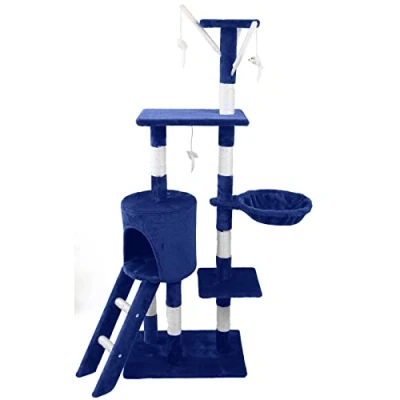 Image of Cat Scratching Post Multi Level Tree Climbing Activity Tower Dangling Toy Condo Viewing Platform (Blue)