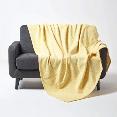 Image of HOMESCAPES Yellow Throw 100% Cotton 225 x 255 cm Cosy for Sofa or Bed “Halden Chevron Blanket Herringbone Geometric Pattern Bedspread