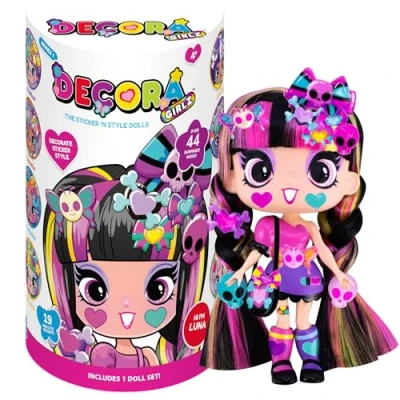 Image of John Adams Decora Girlz 5&quot; Luna sticker &#039;n&#039; Style Fashion Doll features 44 colourful Accessories including dress, shoes, bag, comb, sheets Dolls &amp; Ages 4+