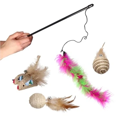 Image of DINGO Cat Set: Wand with Fluffy Feathers, 2 Eco Linen Mice Sisal and Seagrass Balls 5 Toys Bells, Natural Attractive Textures for (Z30038)