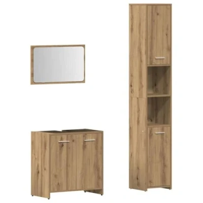 Image of vidaXL 3 Piece Bathroom Furniture Set Artisan Oak Engineered Wood Sink Cabinet, Mirror, Storage Modern Style, Moisture Resistant, Ample Space 60 kg Capacity, Ideal for Home/Hotel