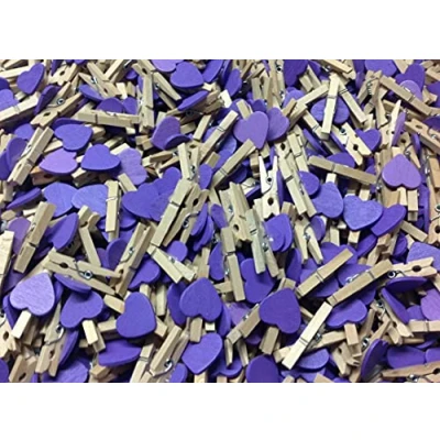 Image of celloexpress Packs of 25 30mm Love Hearts on Mini NATURAL Wooden Craft Pegs Colour Choice and Pack Quantity (Purple)