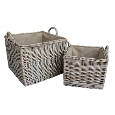 Image of Red Hamper Set of 2 Antique Wash Square Hessian Lined Log Basket, Wicker