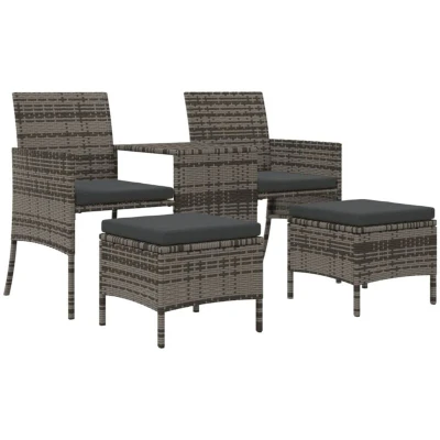 Image of vidaXL Garden Sofa 2 Seater with Table and Stools Grey Poly Rattan
