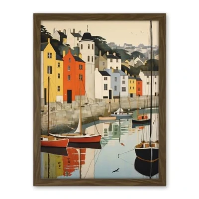 Image of Artery8 Dartmouth Harbour Boats Watercolour Painting Devon Scenic River Dart Townscape Artwork Framed Wall Art Print 18X24 Inch