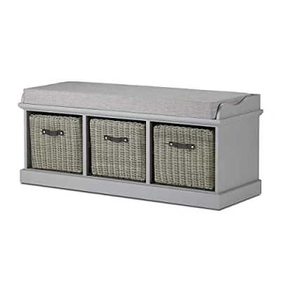 Image of Tetbury Furniture Grey hallway bench with baskets and cushion