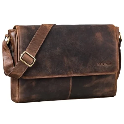 Image of STILORD &#039;Oskar&#039; Genuine Leather Bag Men &amp; Women Messenger Shoulder Classic Business Satchel Work Brown, Colour:soria brown