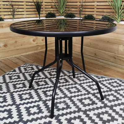 Image of 4 Person Round Black Garden Patio Table with Glass Top &amp; Parasol Hole