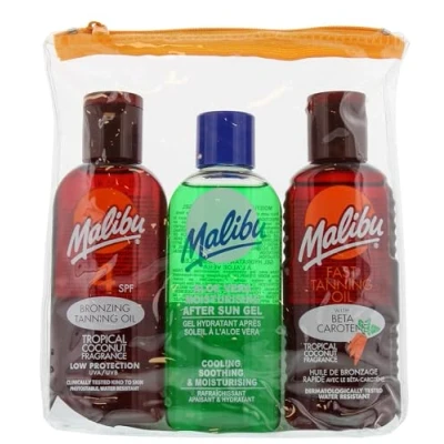 Image of Malibu Sun Fast Tanning Travel Essentials, SPF 4 Bronzing and Beta Carotene Oil, Soothing Aloe Vera After Gel, Water Resistant, Tropical Coconut Fragrance, Multipack, 3 x 100ml