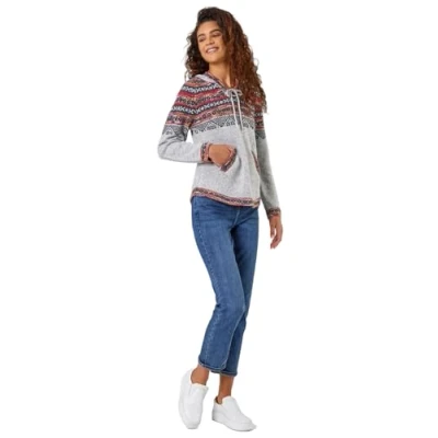 Image of Roman Womens Nordic Print Knitted Hooded V Neck Jumper Grey Size 18 UK