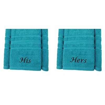 Image of Personalised Bath Towel Set Embroidered &#039;His&#039; &amp; &#039;Hers&#039; Teal